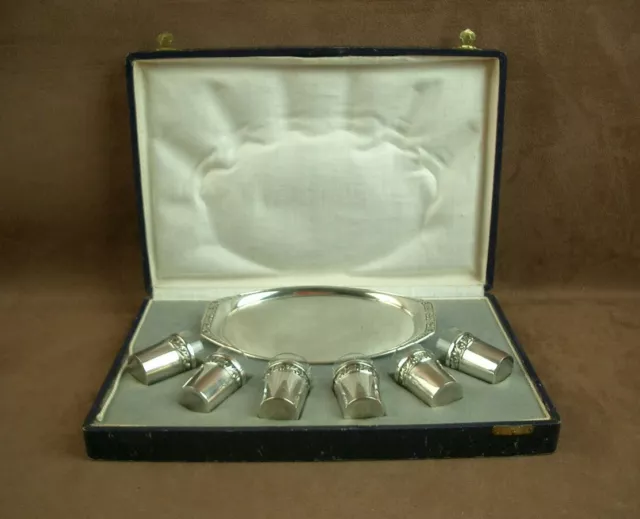 COFFRET SERVICE A LIQUEUR 6 GOBELETS VERRES ARGENT MASSIF et PLATEAU