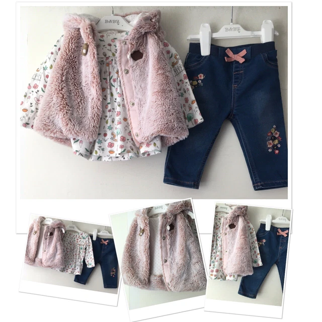 F&F baby girls soft jeans & M&S top & nutmeg fluffy gilet outfit 3-6 months