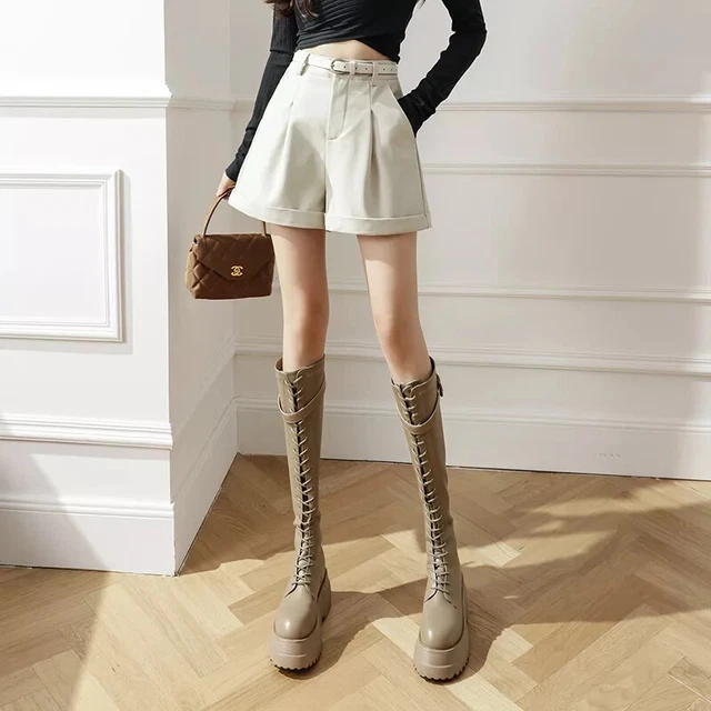 Pantaloni Corti Pantaloncini Donna Beige Pelle Sintetica Eleganti Morbidi 37033