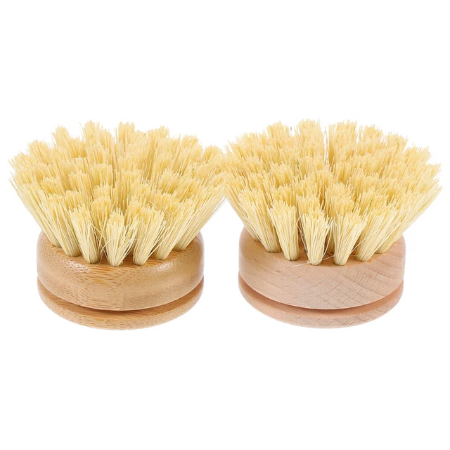 2 Pcs Beech Sisal Cleaning Pot Brush Head Wood Scrubber Brushes