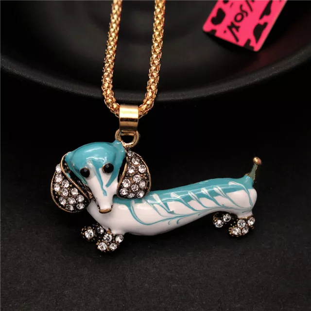 Fashion Women Cute Stripe Cyan Enamel Sausage Dog Crystal Pendant Lady Necklace