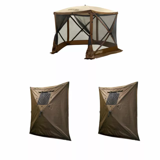 Clam PortableCanopy Shelter, Brown w/ Clam Quick Set Wind & Sun Panels (6 Pack)