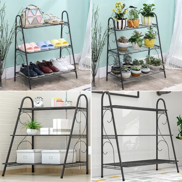 3 Tier Garden Shelving Unit Metal Ladder Plant Pot Stand Flower Display Rack UK