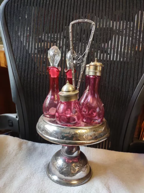 Vintage Cranberry Glass Cruet Castor Set Silver plate Condiment Caddy victorian