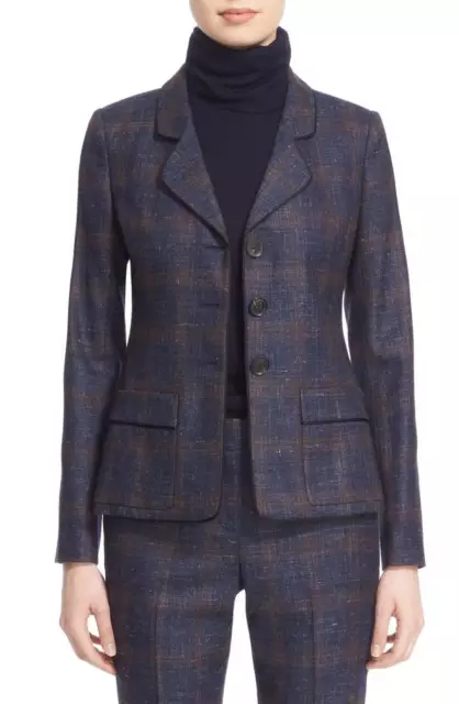 NORDSTROM SIGNATURE CAROLINE ISSA Wool Silk Linen Plaid 3-Button Blazer Jacket 4