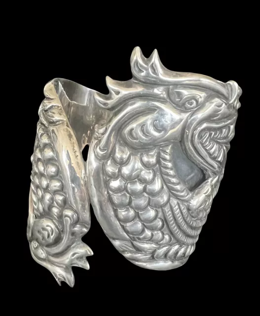 Vintage Taxco Mexico Sterling Silver Dragon Repousse Clamper Bracelet 78g