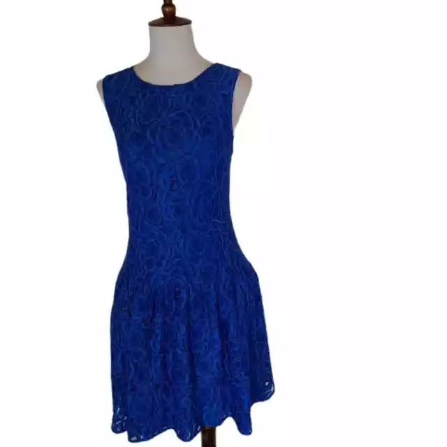 Cece Sleeveless Blue V-Neck Lace Mini Dress with Ruffle Details 2 Preowned