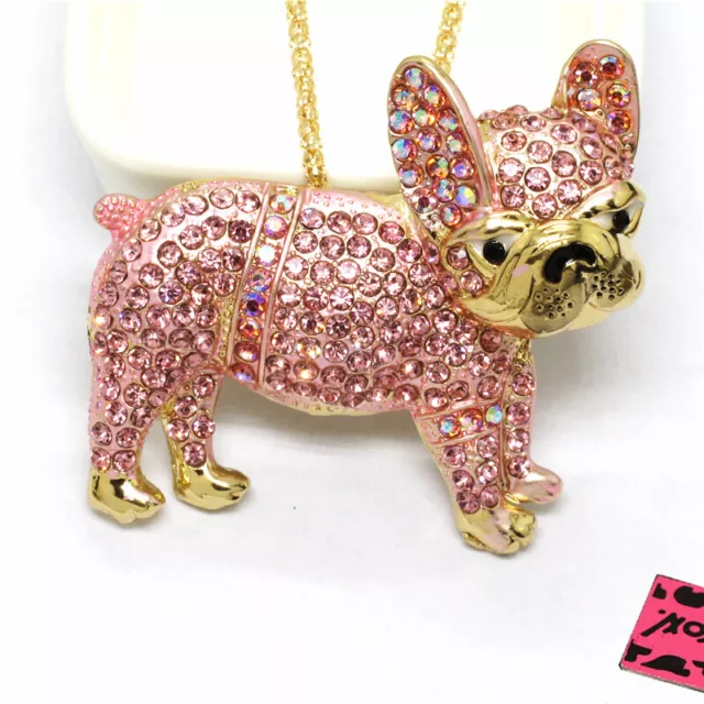 New Betsey Johnson Pink Rhinestone Bling Cute Pug Dog Crystal Pendant Necklace