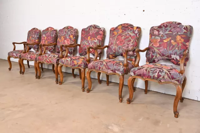 Minton Spidell French Louis XV Style Walnut Dining Arm Chairs, Set of Six
