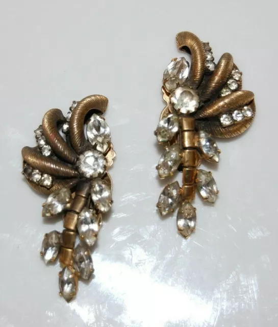 Elegant Vtg Clear Crystals Drop Dangle Art Deco Style Dark Golden Clip Earrings