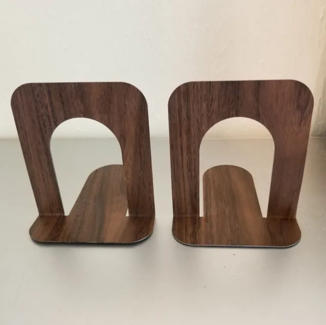 Vintage MCM BOOKENDS, FAUX WOOD Finish SET Metal Industrial Library 5  1/2" Tall