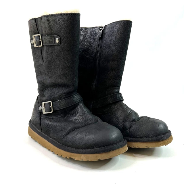 Womens UGG Kensington Boots Black Biker Moto Size 5 Inside Zip Strap Buckle