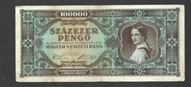 100 000 Pengo Fine  Banknote From  Hungary  1945  Pick-121