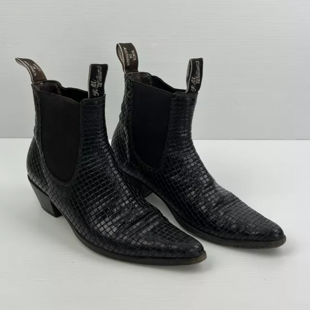 RM WILLIAMS Womens Black Woven Leather Pointed Toe Heeled Ankle Boots Size 6.5