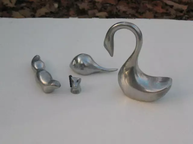 Four Hoselton Of Canada Cast Polished Aluminum Art Sculptures Swan Fox Mouse Cat