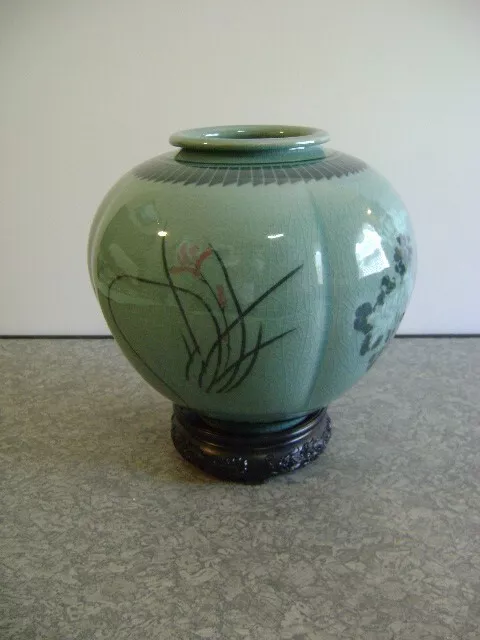 Antique Vintage  Korean  Celadon Koryo Style Brush Coupe Water Pot Green Floral