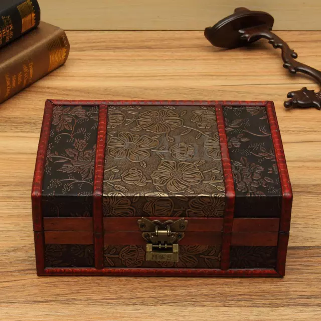 Vintage Wood Treasure Lock Chest Wooden Jewelry Storage Box Case Organizer