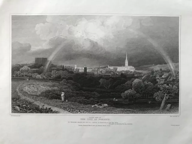 1827 Antique Print; South View of Norwich, Norfolk after G.F. Robson