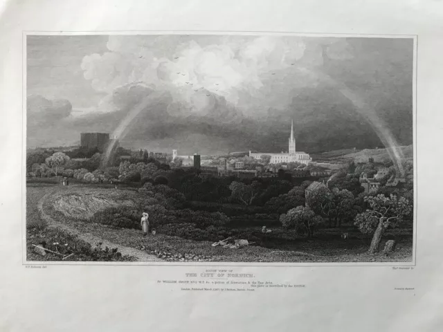 1827 antiker Druck; Südansicht von Norwich, Norfolk nach G.F. Robson