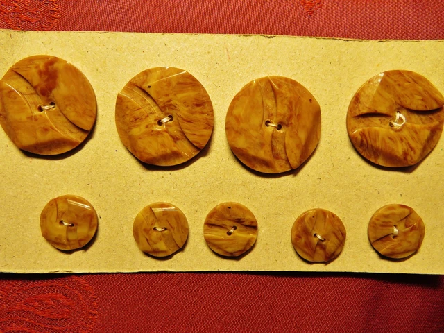 BOUTON BAKÉLITE MOIRÉE ancien ART DÉCO coul.VISON LOT de 4  Ø 32 mm + 5 de Ø 18