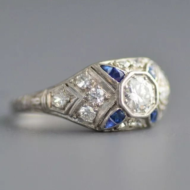 Vintage Art Deco Style 2Ct Lab-Created Diamond Blue Sapphire Wedding Silver Ring