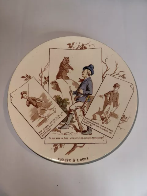 Ancienne Assiette Parlante Sarreguemines Chasse A L Ours  Chasseurs