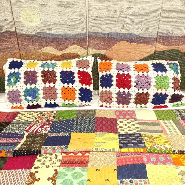 Fundas de almohada cuadradas de colección para abuela talla queen ganchillo arco iris estilo afgano