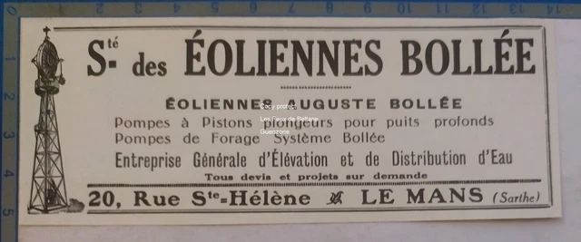 EOLIENNES AUGUSTE BOLLEE LE MANS   publicite ad 1931