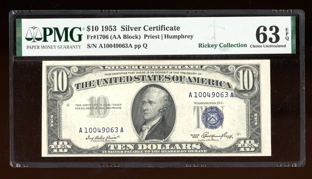 DBR 1953 $10 Silver Fr. 1706 PMG 63 EPQ Serial A10049063A