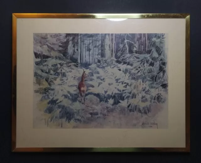 Watercolor Roe Deer Art Vintage Print Artist Harald Wiberg Signed 1979 Framed