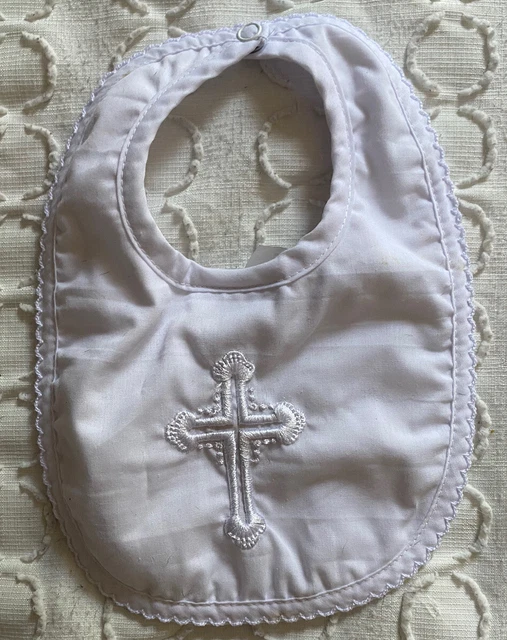 Elegant Baby White Christening/Baptism Bib w/ Embroidered Cross - NEW - Unisex