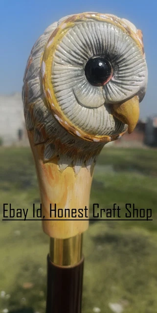 Hand Carved Owl Head Wooden Walking Cane Handmade Owl Bird Walking Stick Gift T4