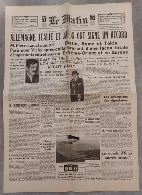 La Une Du Journal    " LE  MATIN "  -   Samedi  28  septembre  1940   ... !