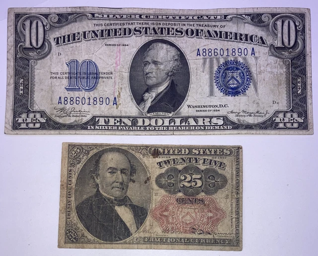 1874 (25c) CENT NOTE AND￼ 1934 ($10) TEN DOLLAR BLUE SEAL SILVER CERTIFICATE