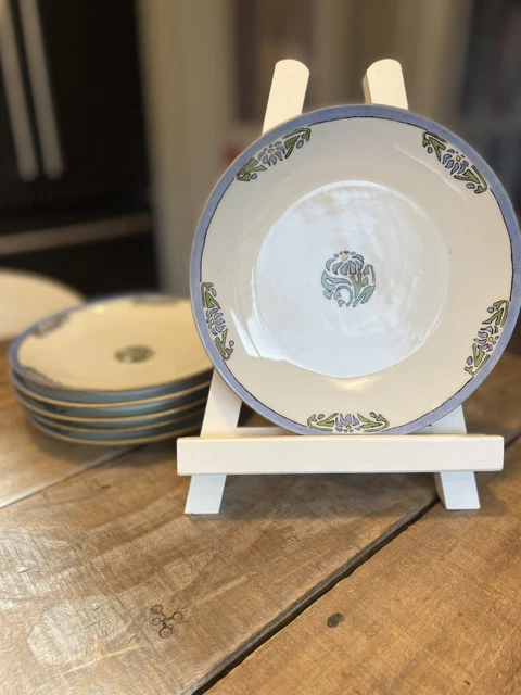 Antique Thomas Bavaria 6 China Plates Art Nouveau Blue Floral Pattern 7.5”