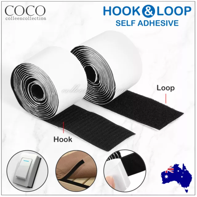 50MM Self Adhesive HOOK and LOOP Fastener Tape Sticky Back Black Fastening NEW