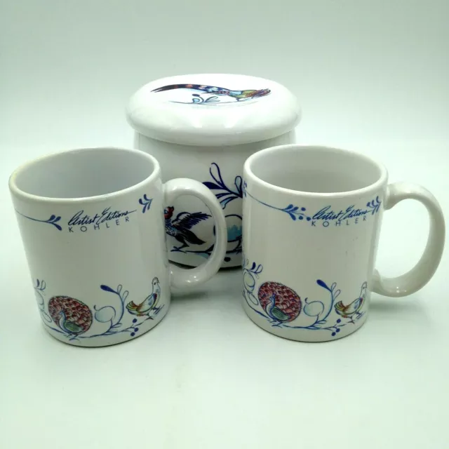 Kohler Artist Edition Canister Jar and Two Mugs Porcelain Set Peacock Birds 1993