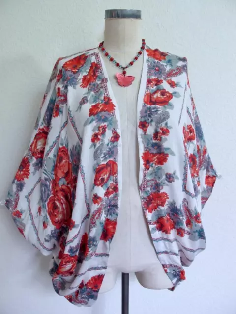 Kimchi Blue Open Kimono Draped Topper Cardigan Jacket XS S Roses Red Floral 2