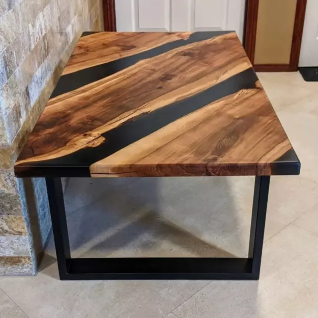 Black Resin coffee table with live edge solid wood epoxy artistic tabletop