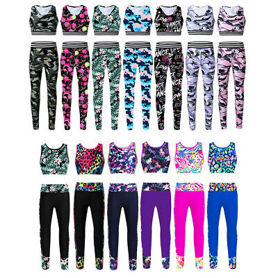 Girls Stretchy Sports Outfits Crop Top Leggings Set Gymnastic Workout Dancewear