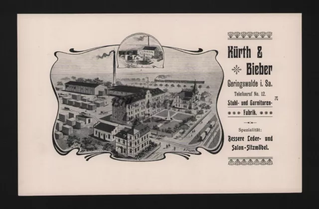 GERINGSWALDE, Werbung 1905, Kürth & Bieber Stuhl-Garnituren-Fabrik Lederstühle