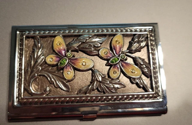 Brighton Silvertone Enamel Rhinestone Butterfly Leaves Business Card Holder