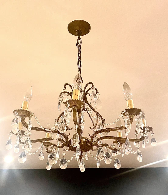 Vintage Brass Crystal Pineapple Chandelier 8 arms lights ~ 23" wide