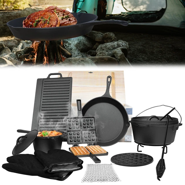 Kochtopf BBQ 11-tlg Dutch Oven Set mit Holzkiste Grillplatte Gusseisen Outdoor