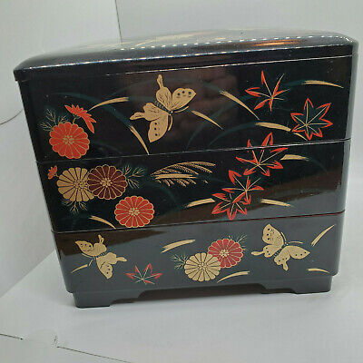 Japanese 3 Tier Black Stacking Lacquer Box (Jubakko) Red Mums  Gold Butterflies