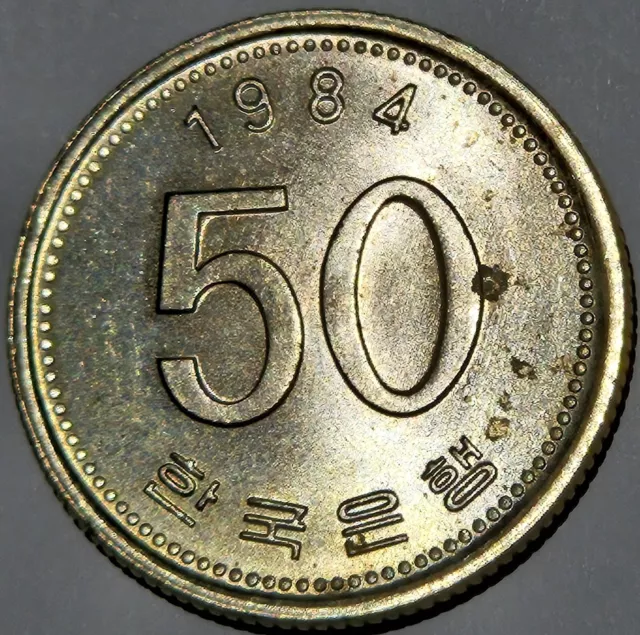 1984 South Korea 50 Won Km-34 Fao Coin Bu Toned With Spots On Reverse