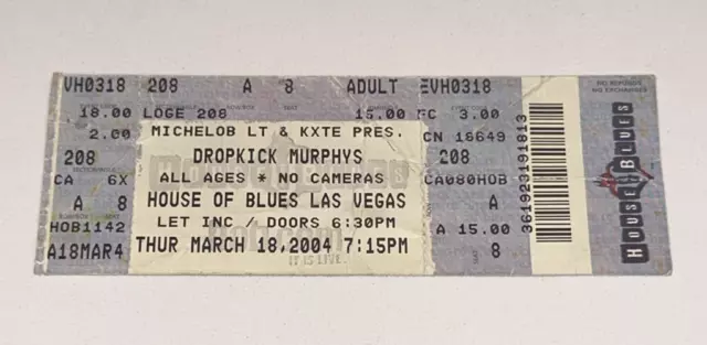 3/18/04 Dropkick Murphys Irish Band Las Vegas Concert House of Blues Ticket Stub