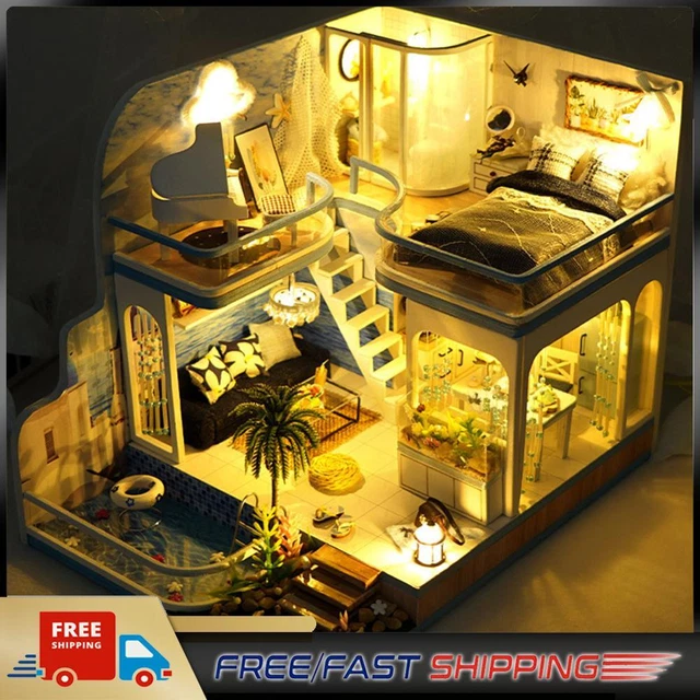Wooden Model House Kit with Dust Cover/Light/Accessories Gift for Boys Girls