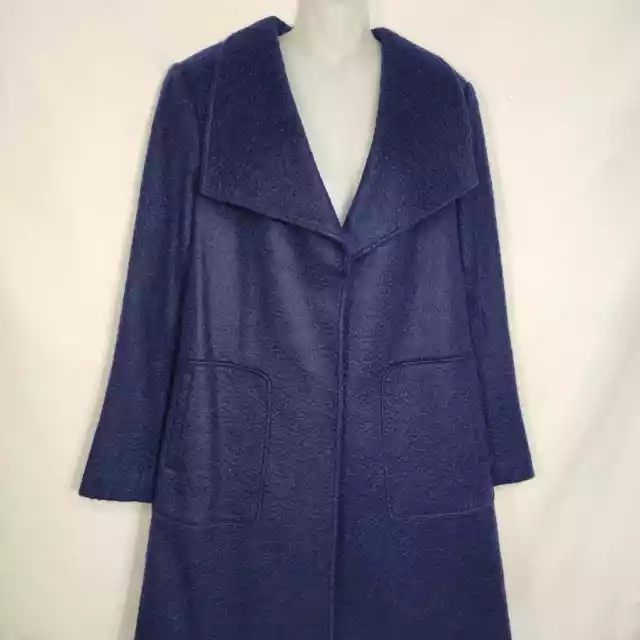 Bernardo Womens Coat Size Large Textured Long Jacket Navy Blue Wool Blend Pocket 3