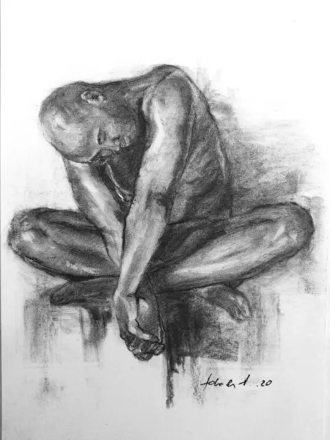 Seated Male Nude Charcoal Drawing A4